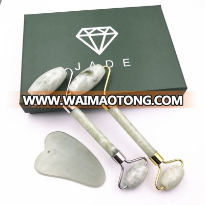 Jade Roller and Gua Sha Scraping Massage Tool Anti-aging 100% Natural Facial Jade Stone Set - Face Eye Neck Beauty Roller