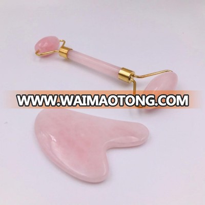 Double Head Rose Quartz Roller Gua Sha Scrpaer Facial Massager Welded Crystal Roller